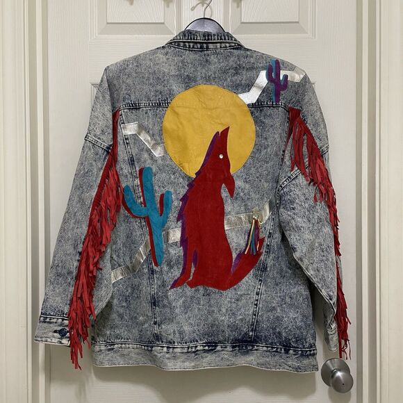 Vintage Opal Jean Jacket Denim Wolf Moon Cactus Fringe Western NWT 80s 90s RARE